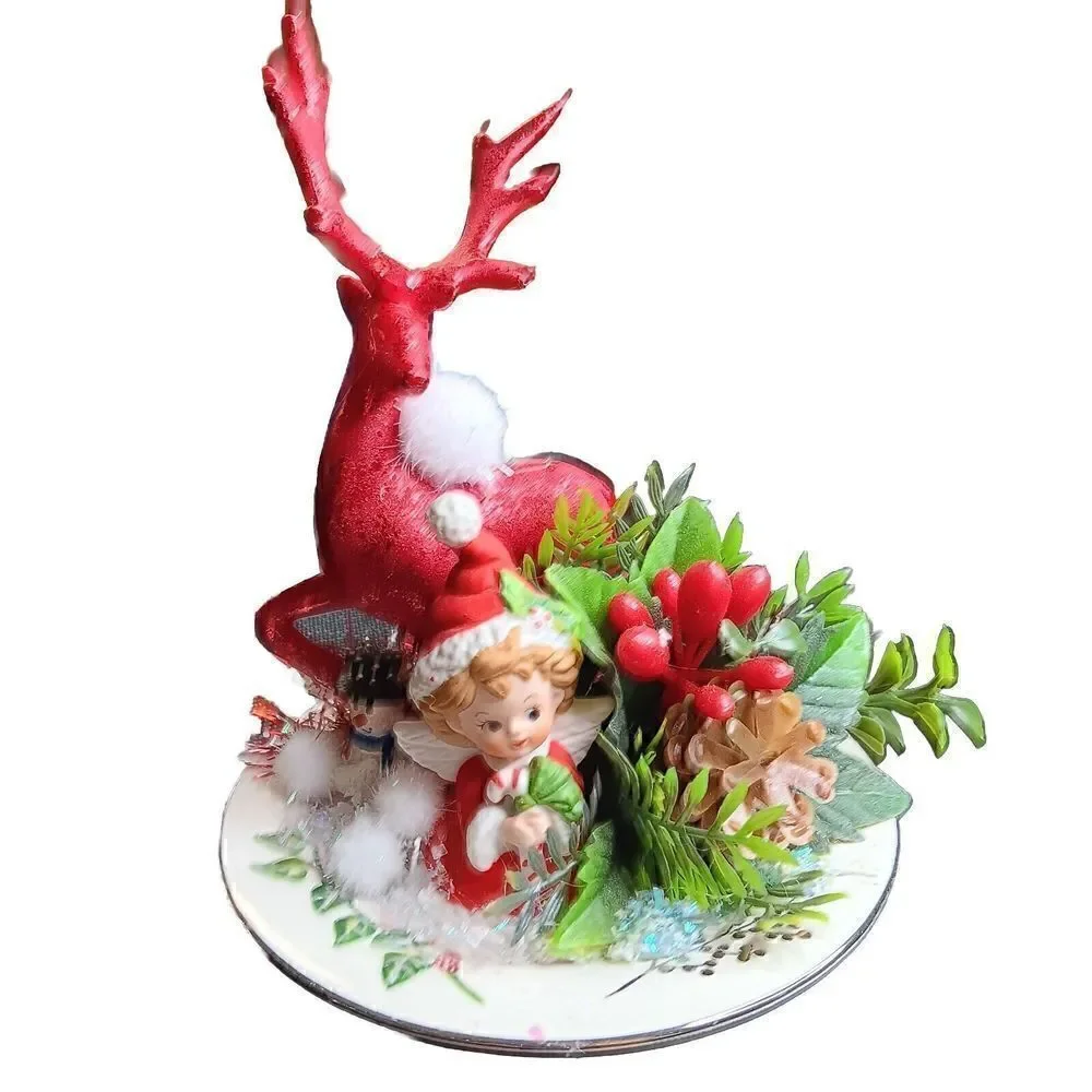Christmas Holiday Pixie Figurine Winter Red Reindeer Angel Holly Berry Floral‎